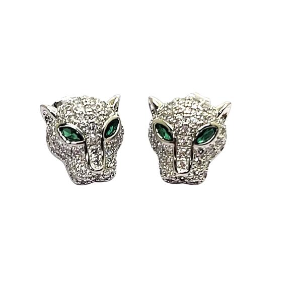 Silvertone Round Pave` Crystal Green Marquise Eyes Panther Cat Stud Earrings - Picture 1 of 9